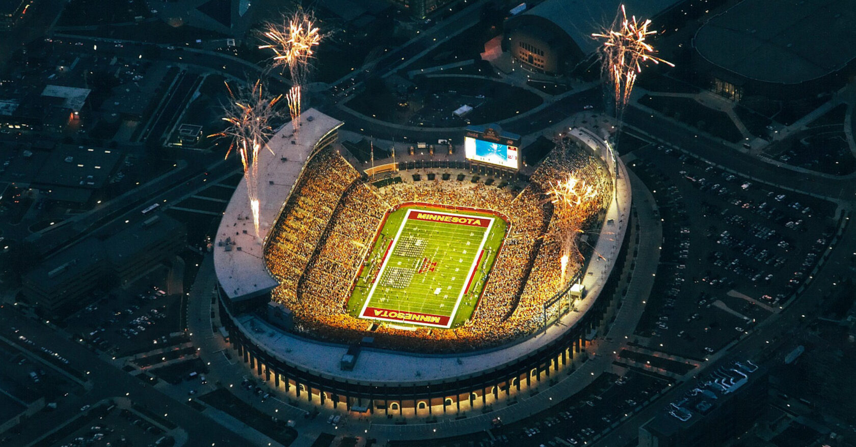 Huntington Bank Stadium nighttime fireworks